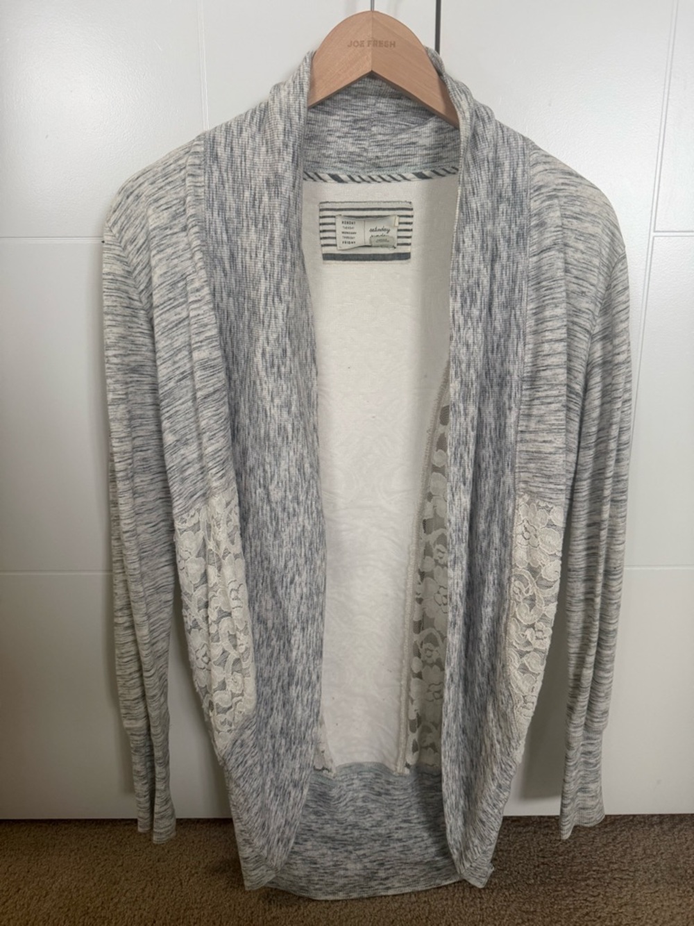 Vintage Anthropologie Heather Gray Open-Front Lace Pocket Sweater Cardigan